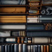 An overhead view of a well-organized drawer filled with neatly folded and labeled fabric swatches